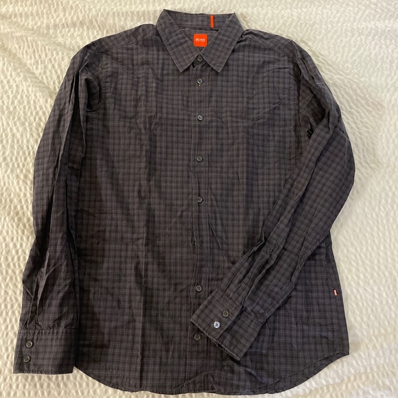 BOSS ORANGE HUGO BOSS Soft Straight Collar Check Print Sport Shirt In Black XL - Picture 1 of 7
